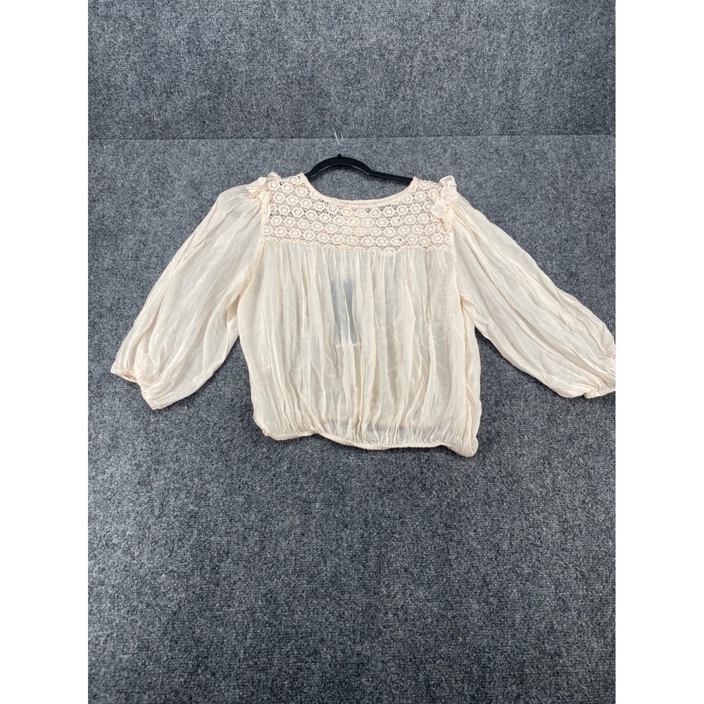 Guadalupe Crochet Lace Yoke Peasant Blouse Womens Medium Cream Boho 3/4 Sleeve